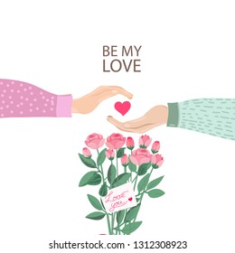Fall in Love Couple Hands With rose bouquet and note Love you.Cute poster,14 th February card.Vector illustration of a couple in love. Flyers, invitation, poster, brochure, banner.
