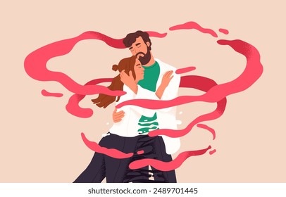 Fall in love couple hugs. Concept of tenderness in romantic relationships. Man and woman embrace to expression feeling. Two enamored lovers, valentines intimate cuddle. Flat vector illustration