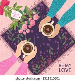 Fall in Love Couple, sitting around the table,drinking coffee.With rose bouquet and note Love you.Cute poster,14 th February card.Vector illustration of a couple in love. Flyers, invitation, poster.