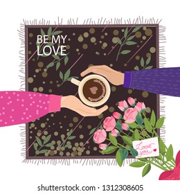 Fall in Love Couple, sitting around the table,drinking coffee.With rose bouquet and note Love you.Cute poster,14 th February card.Vector illustration of a couple in love. Flyers, invitation, poster
