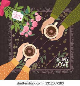 Fall in Love Couple, sitting around the table,drinking coffee.With rose bouquet and note Love you.Cute poster,14 th February card.Vector illustration of a couple in love. Flyers, invitation, poster.