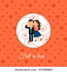Fall in love couple, valintines day card template with orange background. Vector illustration