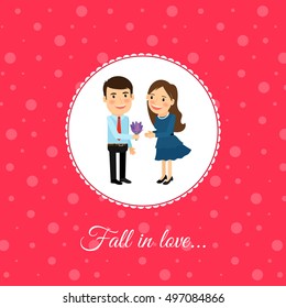 Fall in love couple, valintines day card template with pink background. Vector illustration