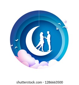 Fall in Love. Crescent Moon. White Romantic lovers. White Paper Birds. paper cut style. Happy Valentine day. Romantic Holidays. 14 February. Honeymoon. Blue sky circle frame.