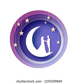Fall in Love. Crescent Moon. White Romantic lovers. Gold Stars garland paper cut style. Happy Valentine day. Romantic Holidays. 14 February. Marry me. Honeymoon. Purple sky circle frame.