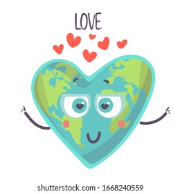 Fall In Love Cute Earth Character With Heart. Illustration Vector. Cartoon Character Isolated On A White Background.