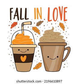 Fall in love - cute hand drawn pumpkin spice latte mugs and autumnal leaves. Good for T shirt print, poster, card, label and other decoration.