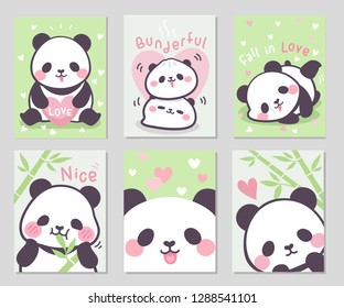 Fall in love with cute shubby panda full of little heart in soft pastel color. Set of rectangle gift tag, card, postcard. Lovely happy day. Vector illustration.
