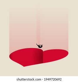 Fall in love or dependent relationship abstract metaphor concept with falling woman silhouette into the red heart-shaped abyss. Minimalistic vector illustration