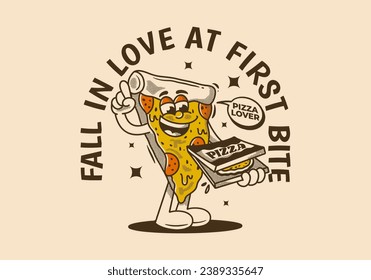 Fall in love at first bite. Mascot character of pizza holding a box pizza