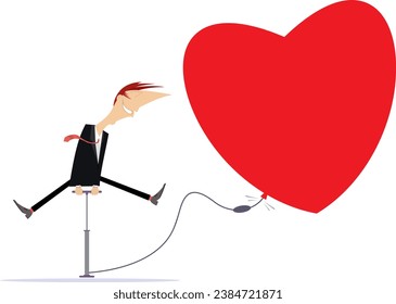 Caer enamorada. Un hombre gracioso infla un corazón.
Joven caricaturista infla un corazón con bomba. Símbolo del corazón. Ilustración de concepto
