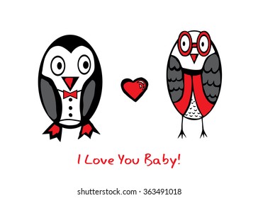 Fall in love hand drawing penguin and owl. Vector illustration.