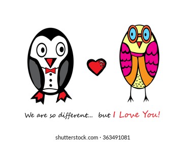 Fall in love hand drawing penguin and owl. Vector illustration.