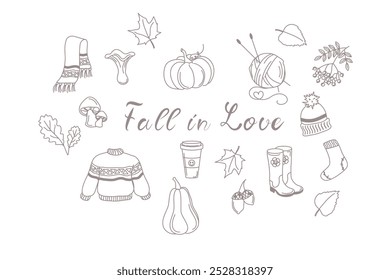 Diseños de otoño dibujados a mano de Fall in Love. Bufanda, vela, cuerno, café caliente, té, calcetines, suéter, bufanda con sombrero, bola de hilos de lana, hojas, bellotas y setas. Acogedora colección de otoño. Vector