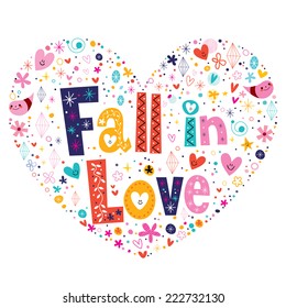 Fall in love heart shaped typography lettering design