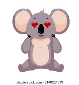 Fall In Love Koala Isolated On White Background. Cartoon Character With Hearts In Eyes. Design Of Funny Animals Sticker For Showing Emotion. Vector Illustration