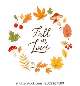 Fall in love lettering on autumn wreath vector illustration