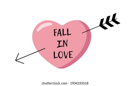 Fall in love lettering on a pink heart background. St.Valentines Day vector for cards, banners, wrapping paper, posters, scrapbooking, pillow, cups and fabric design. 
