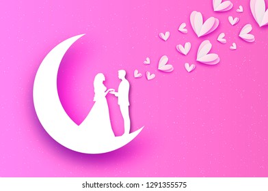 Fall in Love. Moon. White Romantic lovers. Pink Paper Hearts. paper cut style. Happy Valentine day. Romantic Holidays. 14 February. Honeymoon. Pink.