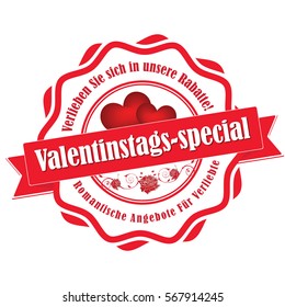 Fall in love with our discounts. Get it now! Valentine's day special offer - German sticker / label: Verlieben Sie sich in unsere Rabatte. Jetzt zugreifen. Valentinstags special. Print colors used