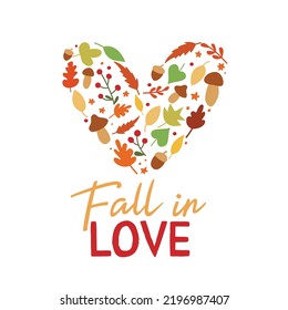 Fall in Love sign with autumn elements. Vector Thanksgiving quote on white background.