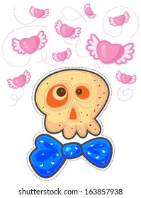 Fall in love skull with blue bow. Above the skull flying pink hearts with wings.