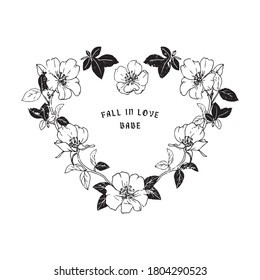 Fall in love slogan with flower  heart illustration. Vector graphics for t-shirt print and other uses. Floral heart illustration.