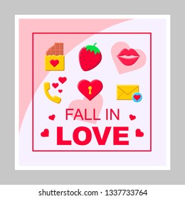 Fall in love social media posts mockup. Dating. Relationships. Advertising web banner design template. Social media booster, content layout. Isolated promotion border, frame with headlines, flat icons