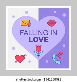 Fall in love social media posts mockup. Dating. Advertising web banner design template. Social network booster, content layout. Isolated promotion border, frame with copyspace, headlines, linear icons