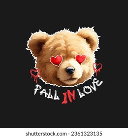 Caer en el texto de amor, eslogan, frase, graffiti con muñeca de cabeza de oso de peluche con ojos de forma cardíaca, acuarela ilustración vectorial. Plantilla de diseño de impresión de camisetas, afiche, estuche de teléfono, moda, etc.