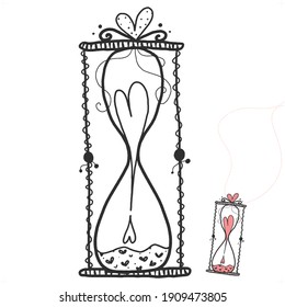 fall in love, time and heart, hourglass with hearts. stock vector illustration. hand drawing time concept, sign, doodle style