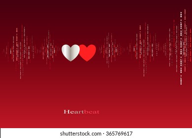 Fall in love two hearts beats cardiogram design. Vertical sound waves rhythms with i love you text. Red valentines love card background. Hearts in love song design background. Vector illustration