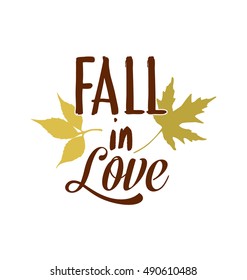 Fall in Love Typographic Vector Autumn Design with colorful Autumn Leaves and Acorns