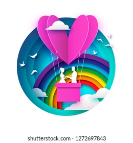 Fall in Love. White Romantic lovers. Pink Paper Hotair - heart shape in paper cut style. Happy Valentine day. Romantic Holidays. 14 February. Honeymoon. Rainbow. Vector.