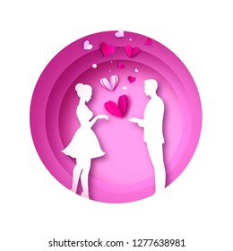 Fall in Love. White Romantic lovers. Hearts shape in paper cut style. Happy Valentine day. Romantic Holidays. 14 February. Honeymoon. Origami couple. Valentines day. Circle frame.