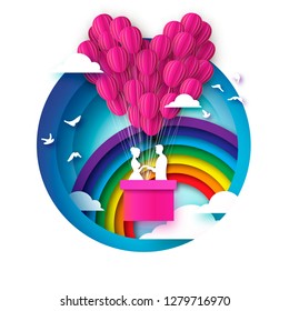 Fall in Love. White Romantic lovers. Pink Paper Balloon - heart shape in paper cut style. Happy Valentine day. Romantic Holidays. 14 February. Honeymoon. Rainbow. Blue sky.