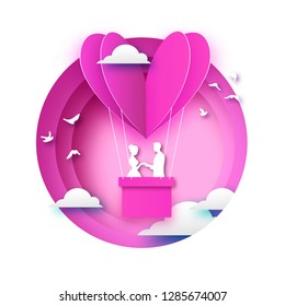 Fall in Love. White Romantic lovers. Pink Paper Hotair - heart shape in paper cut style. Happy Valentine day.