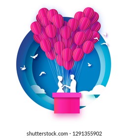 Fall in Love. White Romantic lovers. Pink Paper Balloon - heart shape in paper cut style. Happy Valentine day. Romantic Holidays. 14 February. Honeymoon. Blue sky.