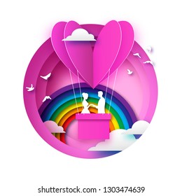 Fall in Love. White Romantic lovers. Pink Paper Hotair - heart shape in paper cut style. Happy Valentine day. Romantic Holidays. 14 February. Honeymoon. Rainbow.