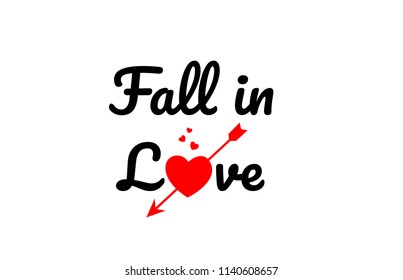 fall in love word text with red broken heart with arrow concept, suitable for logo or typography design