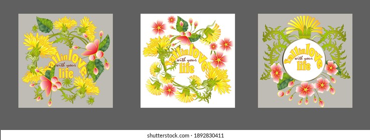 Fall in love with your life quote and dandelion flowers vector illustration. Inspirational quote to love life, calligraphic vector lettering, wreath with dandelions.