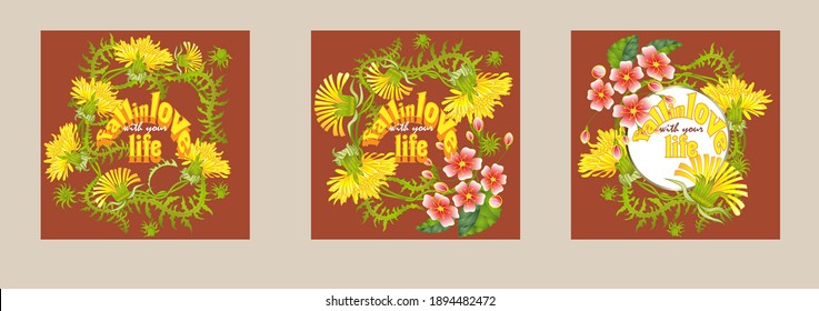 Enamorarse de tu cita de vida y de la ilustración vectorial de flores de diente de león. Una cita inspiradora para amar la vida, letras de vectores caligráficos, corona con dientes de león.