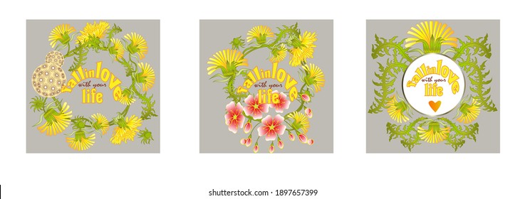 Enamorarse de tu cita de vida y de la ilustración vectorial de flores de diente de león. Una cita inspiradora para amar la vida, letras de vectores caligráficos, corona con dientes de león.