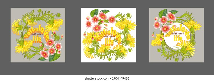 Fall in love with your life quote and dandelion flowers vector illustration. Inspirational quote to love life, calligraphic vector lettering, wreath with dandelions.