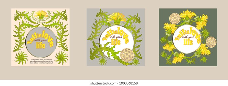 Fall in love with your life quote and dandelion flowers vector illustration. Inspirational quote to love life, calligraphic vector lettering, wreath with dandelions.