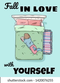 Fall in love with yourself cute funny postcard. Girl reading book on the bed comic style image