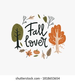 Herbstliebhaber. Einfache Illustration mit Handschrift und Herbstsymbolen - Farbbäume, Blätter, Äste, Kürbis, Laubfall