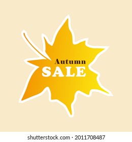 Fall maple leaf Sale sticker with yellow-orange gradient and text.Natural autumn element for discount templates.Vector  Illustration.On light pink background.For your business.