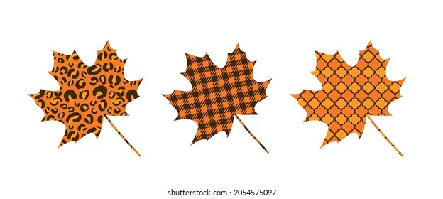 Fall Maple Leaves Made Of Buffalo Plaid, Leopard And Arabesque Pattern.  Cute Autumn Decorations. Vector Template For Thanksgiving Day, Harvest Festival, Etc.