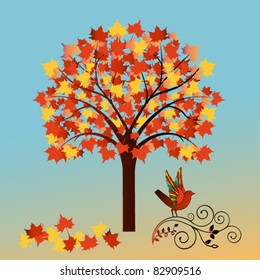 fall maple tree bird and flourish